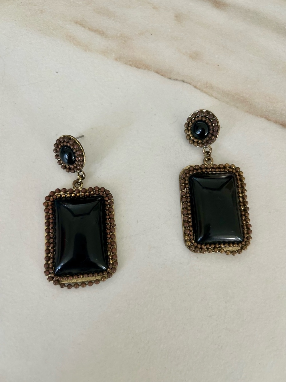 Black Beaded Drop Earrings - Elegant Artwork Large Rectangular Stone